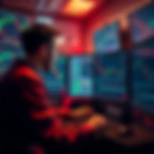 A trader looking at fluctuating cryptocurrency charts on multiple screens, feeling overwhelmed by market changes.