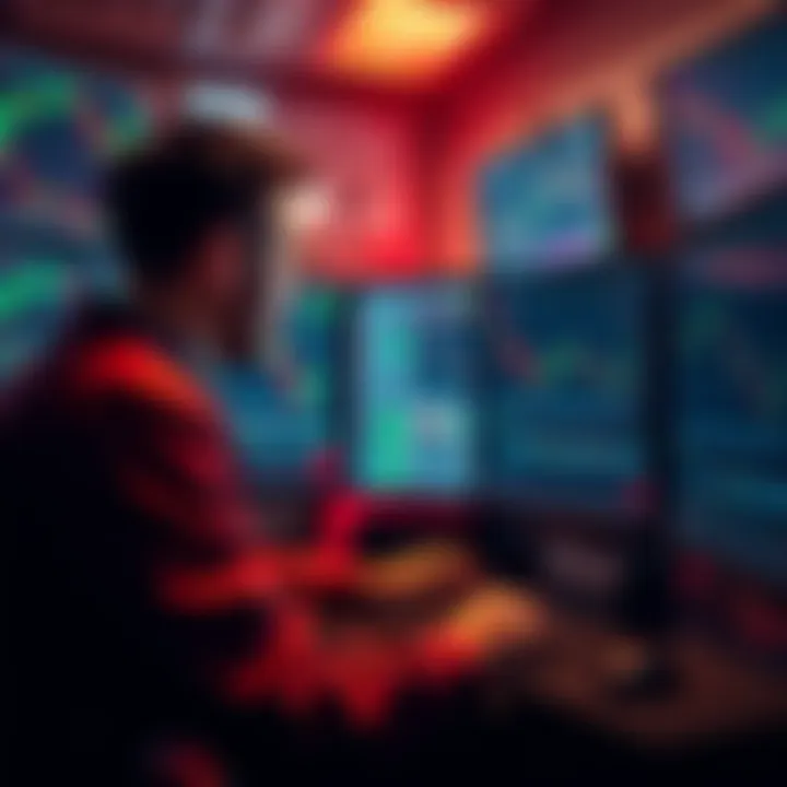 A trader looking at fluctuating cryptocurrency charts on multiple screens, feeling overwhelmed by market changes.