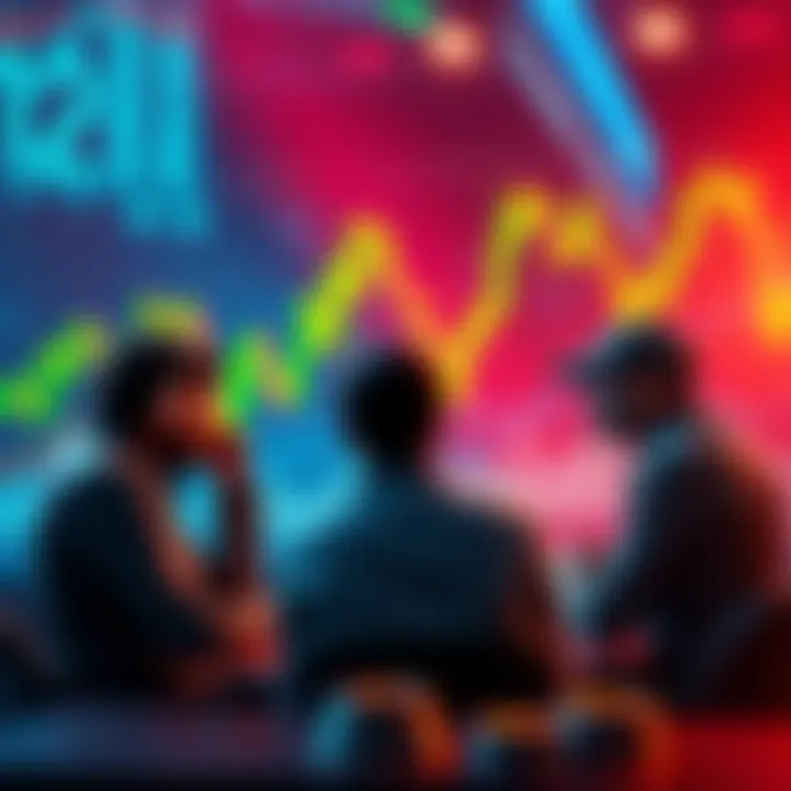 People discussing cryptocurrency trends with charts and graphs in the background