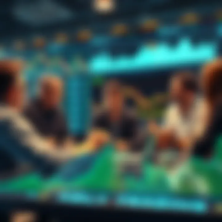 A group of people engaging in a discussion about cryptocurrency trading, sharing tips and warnings with charts and graphs in the background.