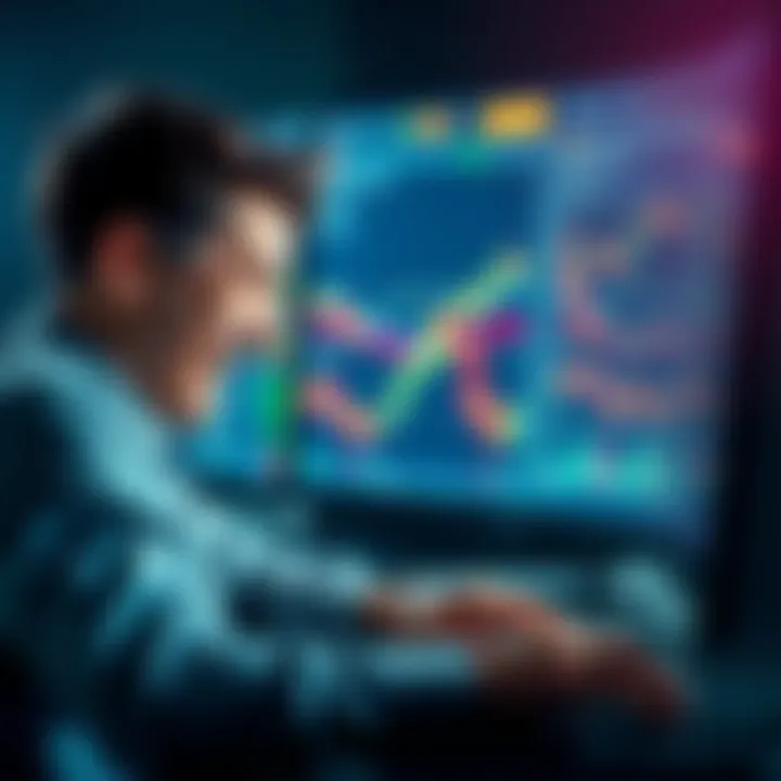 A person looking at cryptocurrency charts on a computer screen, showing various emotional expressions like joy and frustration.