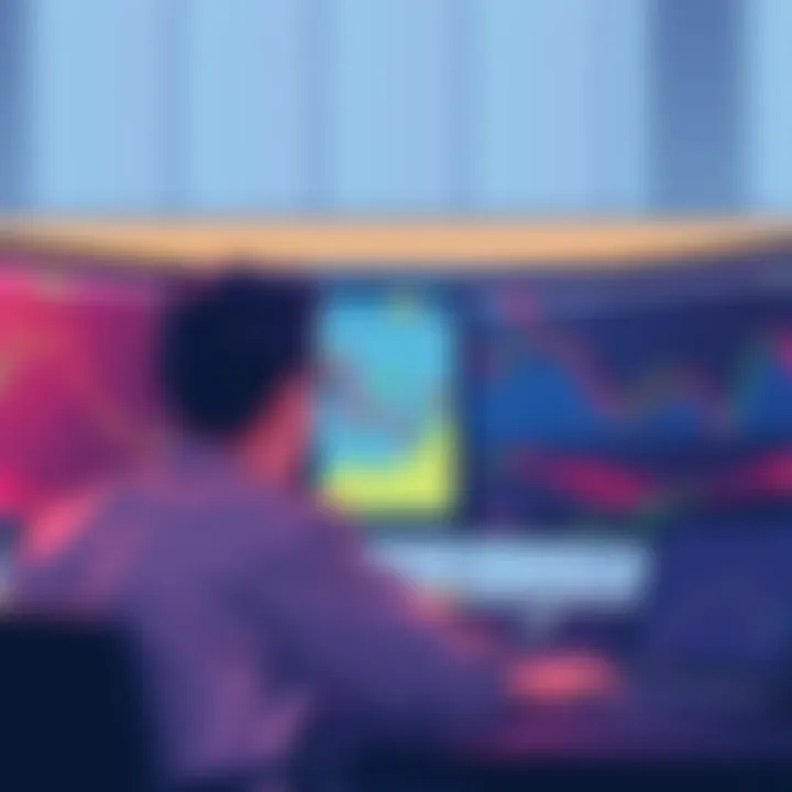 An illustration of a trader watching fluctuating cryptocurrency graphs on screens, highlighting the rush for quick profits over long-term investment.