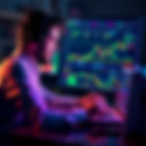 Individual focused on trading cryptocurrency on a laptop surrounded by financial charts and graphs