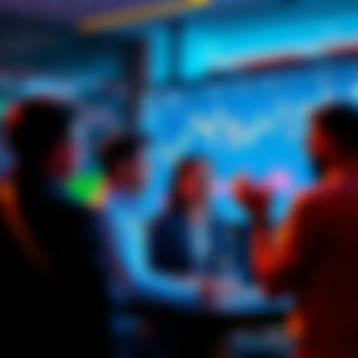 A group of people discussing crypto trading strategies with charts and graphs on a screen