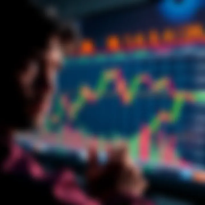 A person looking at a chart with declines and rises in cryptocurrency prices, showing frustration and contemplation.