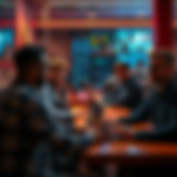 A group of people discussing cryptocurrency trading strategies at a cafe, with laptops and charts visible