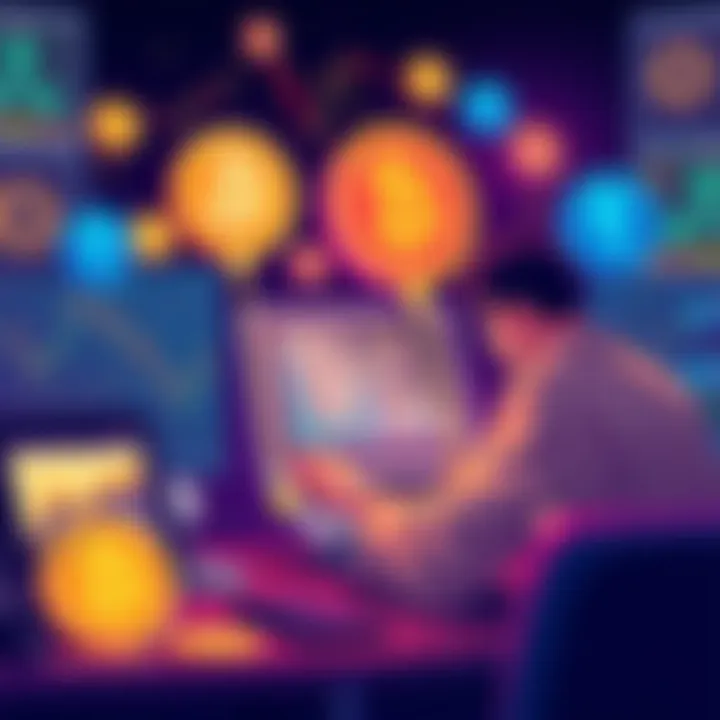Crypto Trading Resources An illustration showing a person researching cryptocurrency trends with a laptop and charts, surrounded by crypto symbols like Bitcoin and Ethereum.
