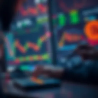 A trader looking at price charts for Bitcoin and Ethereum, with a calculator and risk indicators showing potential losses due to high leverage.