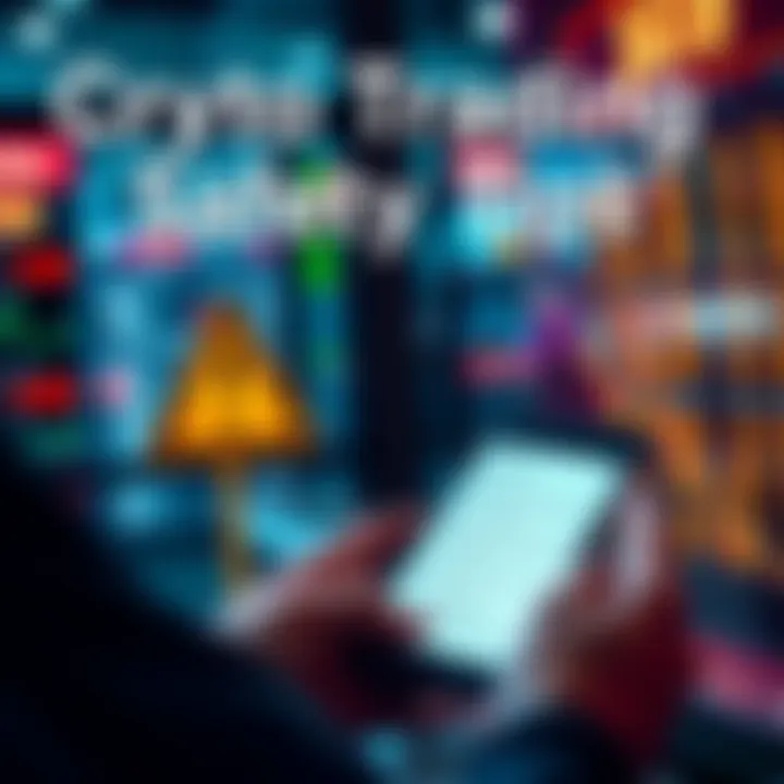 Crypto Trading Safety Tips A person checking crypto prices on a phone with warning signs and a checklist for safety in trading