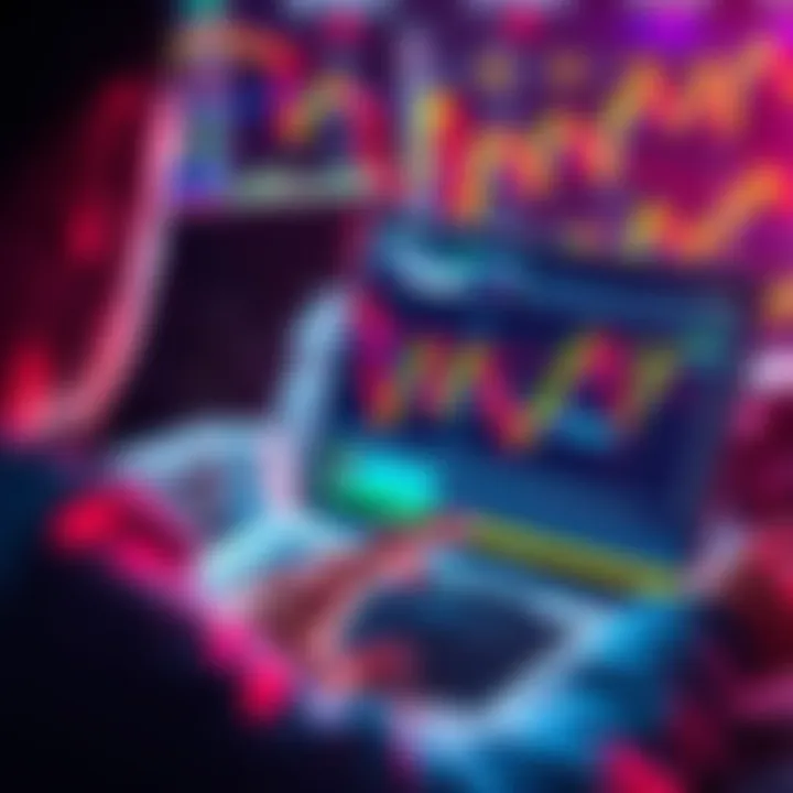 A person analyzing cryptocurrency charts on a laptop with trading graphs and dollar signs around.