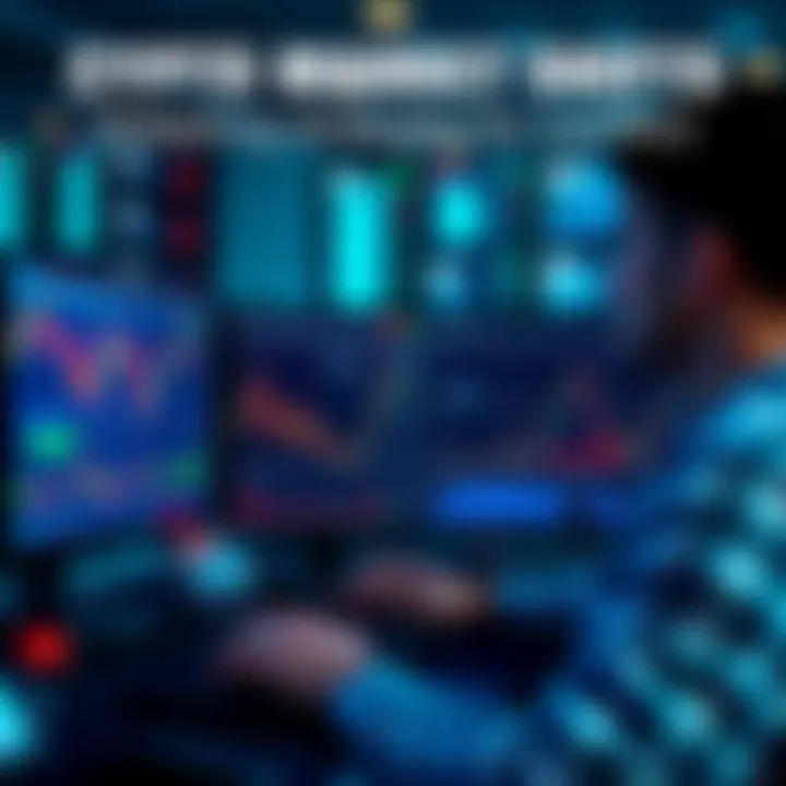 A trader analyzing graphs on multiple screens showing fluctuating cryptocurrency prices, with a focus on adapting strategies for success.