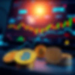 A trader analyzing charts on a laptop, with cryptocurrency coins like Hbar and Algorand in the foreground, representing long-term investment strategies.