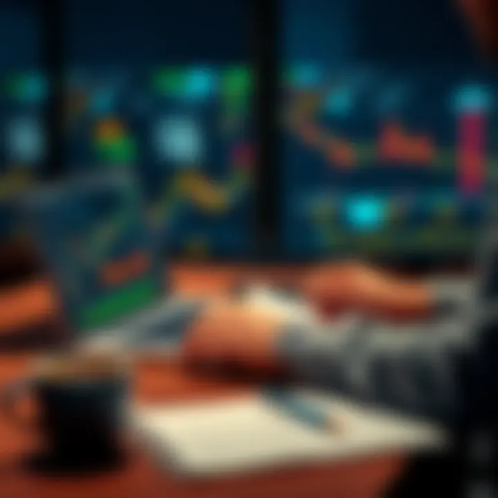 A person analyzing cryptocurrency charts on a laptop while taking notes at a desk with a coffee cup nearby