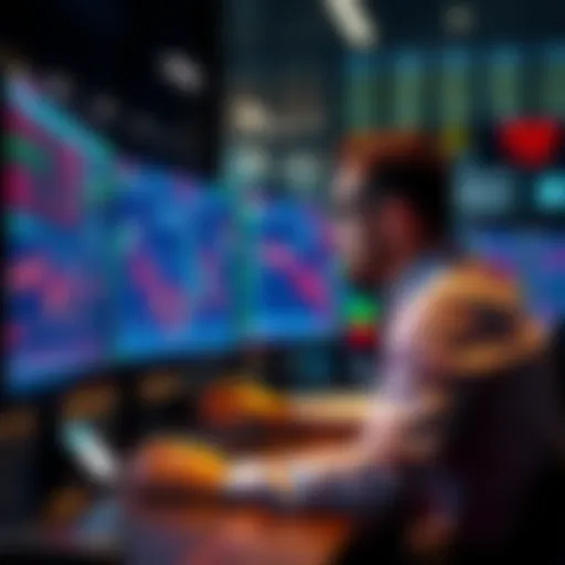 A trader analyzing crypto charts with multiple screens showing market data