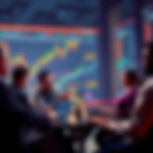 A group of people discussing cryptocurrency trading with laptops and charts