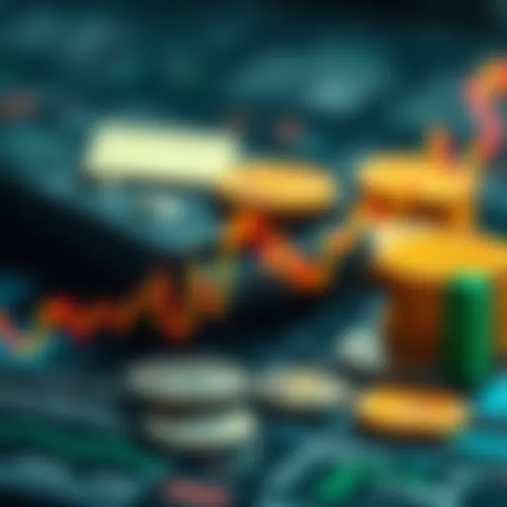 A graph showing recent fluctuations in cryptocurrency prices, with a digital wallet and coins in the background.