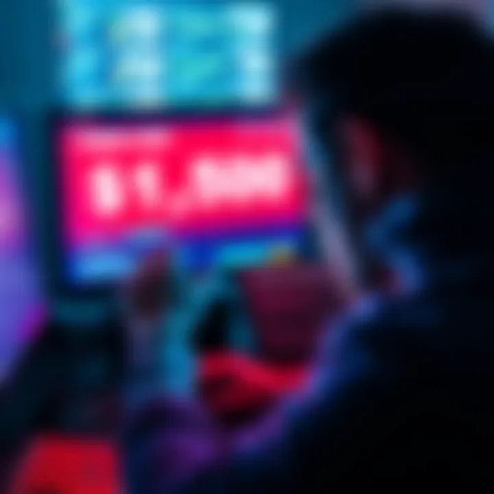 A distressed person looking at a computer screen showing a significant loss in cryptocurrency value, representing a phishing scam.