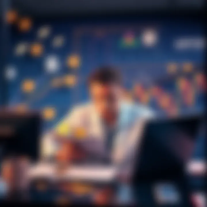 A tax accountant examines cryptocurrency valuations against USD, depicting confusion and skepticism in the economy.