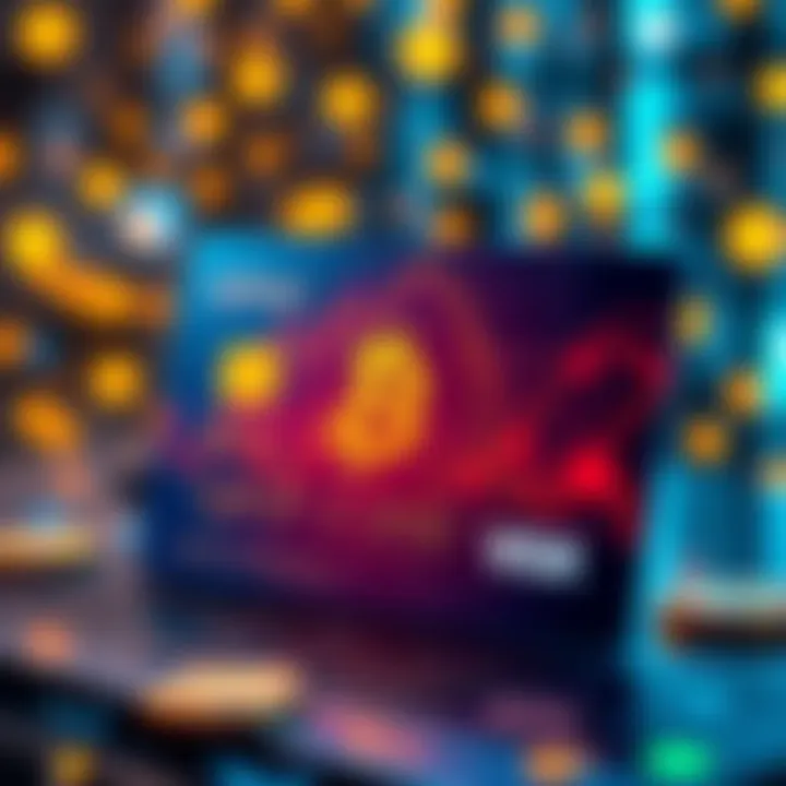 A visual representation of a crypto virtual card with digital currency symbols in the background, depicting online shopping.