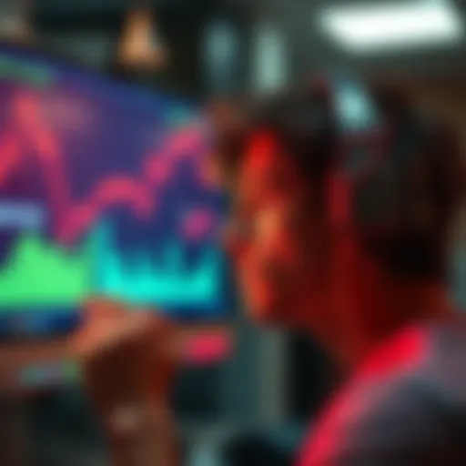 A person looking stressed at a computer screen displaying falling crypto prices and rising AI stock prices, reflecting market anxiety.