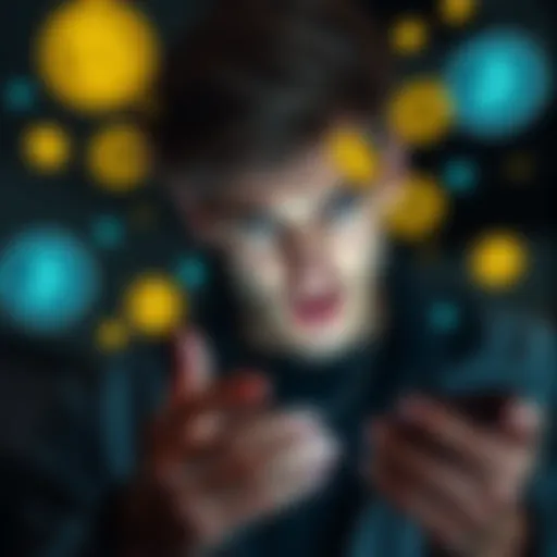 A person looking frustrated while checking a digital wallet on a smartphone, surrounded by digital currency symbols