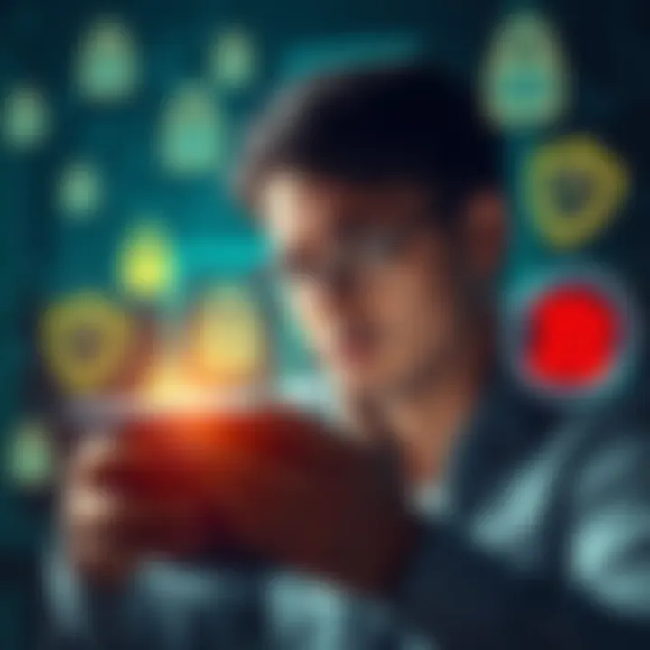 A person looking at a hardware wallet screen with a worried expression, surrounded by digital security symbols like locks and shields, indicating concerns about approval signing in crypto transactions...