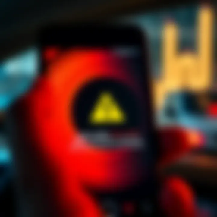 A close-up of a smartphone displaying a crypto wallet app, with a warning symbol indicating potential security risks.