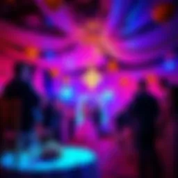 A vibrant celebration scene at a wedding with crypto-themed decorations and attendees enjoying the festivities.