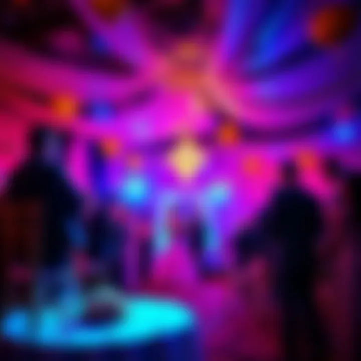 A vibrant celebration scene at a wedding with crypto-themed decorations and attendees enjoying the festivities.