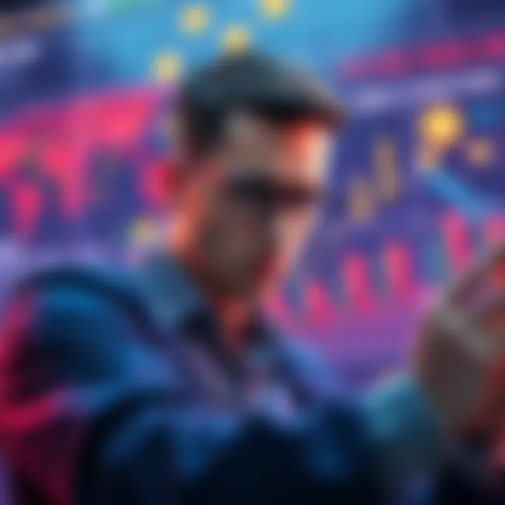 A person analyzing charts and graphs related to crypto investments, with a concerned expression, surrounded by cryptocurrency symbols.