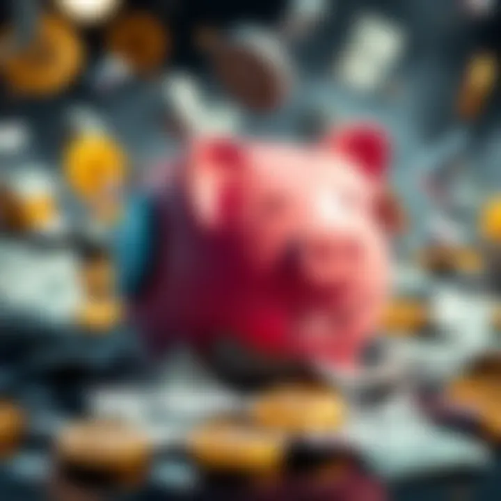 A broken piggy bank surrounded by Bitcoin and Tether symbols, with dollar bills spilling out, representing the cost of potential bailouts in the crypto market.