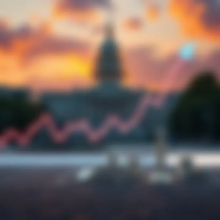 A declining cryptocurrency chart with government buildings in the background, illustrating the impact of government support on digital currencies.