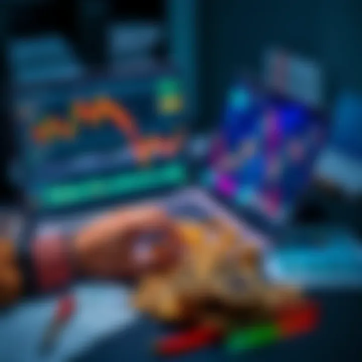 A person analyzing cryptocurrency charts on a laptop with coins and financial documents scattered on a desk.