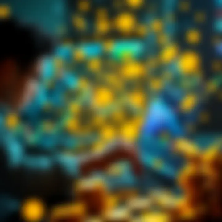 A person analyzing cryptocurrency charts on a laptop, surrounded by digital currency symbols