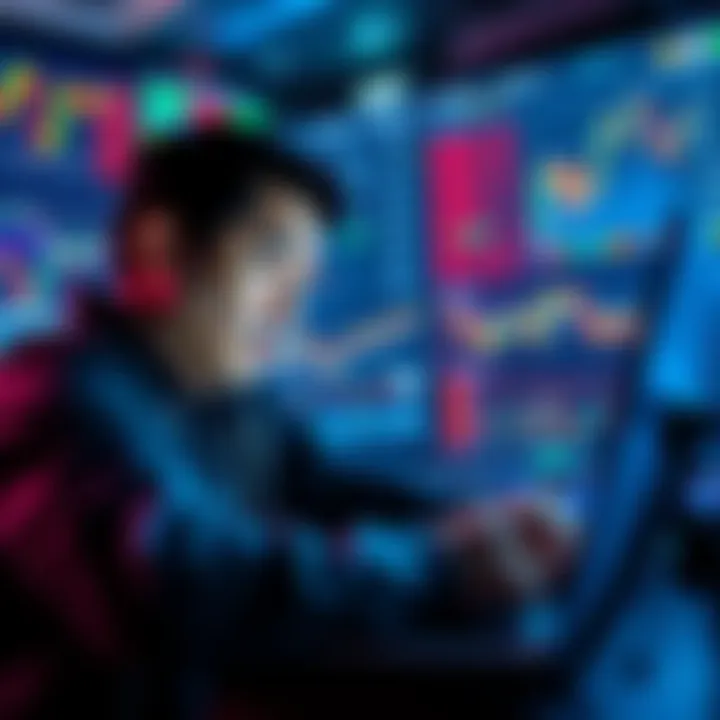 Cryptocurrency Trading Struggles A person looking frustrated while checking cryptocurrency prices on a laptop, surrounded by charts showing market declines.