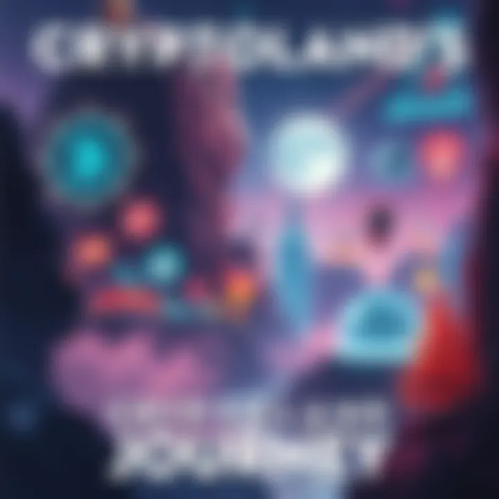 A nostalgic view of Cryptoland's rise and fall, featuring digital elements and iconic symbols from its history.