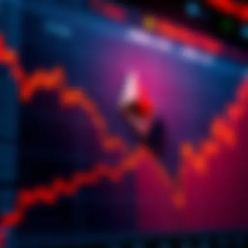 A graph showing declining trends in Ether token value with a warning sign overlay, representing concerns about Ether's tokenomics.