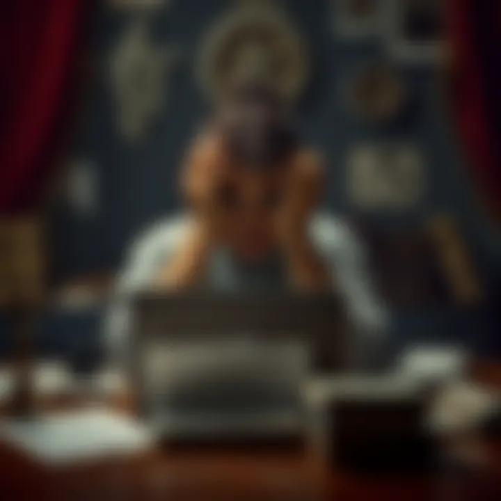 Cult Membership and Decision Making A person looking conflicted while sitting at a table, surrounded by cult symbols and financial documents, representing the struggle of sunk cost fallacy in cults.