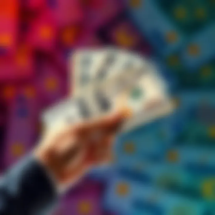 Currency Exchange from Dollars to Euros A hand holding US dollars with a background of euros and currency exchange symbols