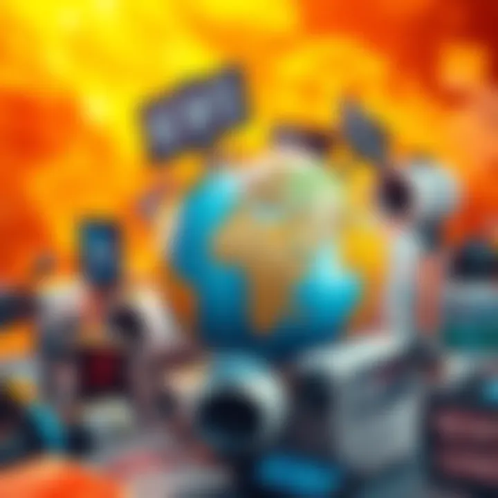 A globe with news headlines around it, representing global current events and trends.