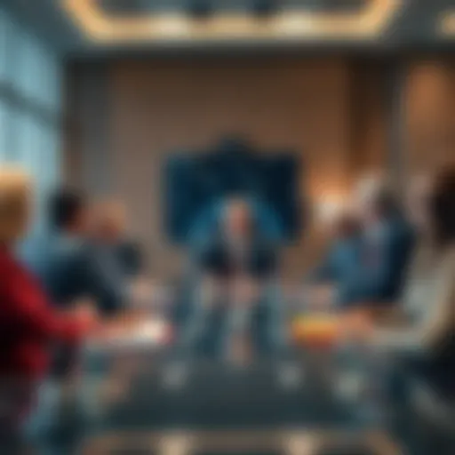 A diverse group of leaders from various sectors discussing strategies in a boardroom setting