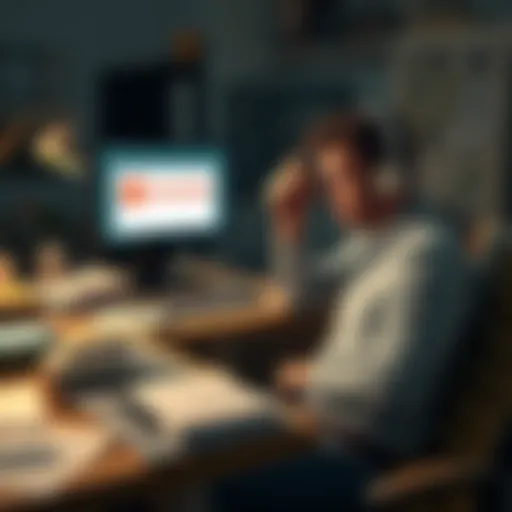 A frustrated customer is sitting at their desk, looking at a computer screen with a blocked account message. Papers and a phone are scattered around, showing their struggle to get help.