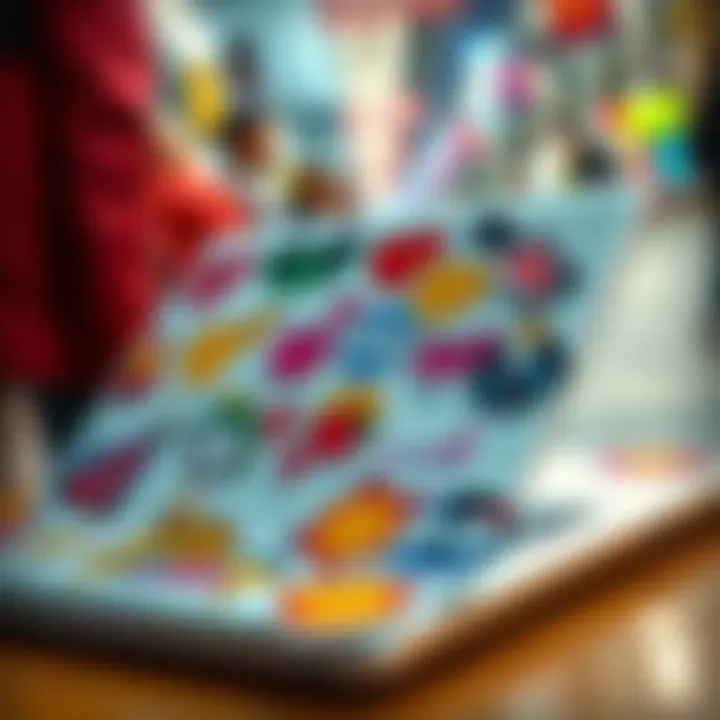 A close-up of various cute stickers displayed on a laptop cover in a public setting, showcasing colorful designs that attract attention.