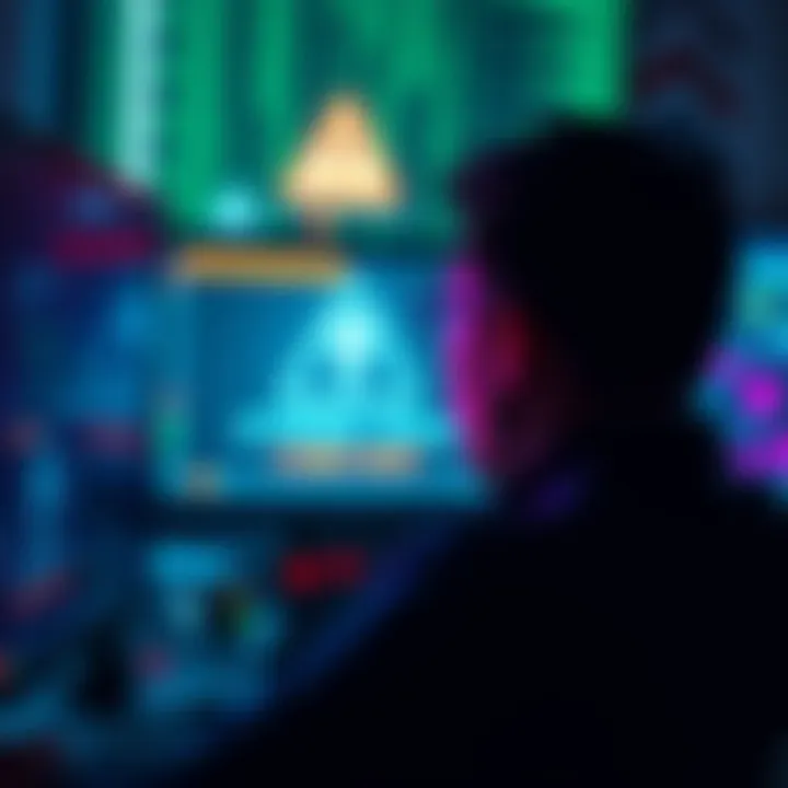 Cyber Attack Warning A person looking at a computer screen with warning symbols indicating a cyber threat