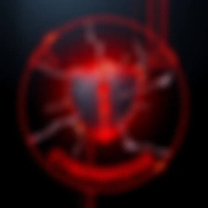 Graphic showing a broken shield symbolizing a severe cybersecurity breach, with a dark background and warning signs around it.
