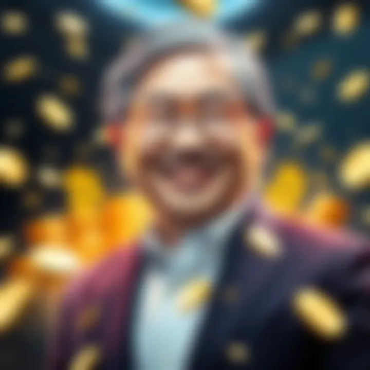 Changpeng Zhao, also known as CZ, is shown smiling confidently, surrounded by symbols of wealth, signifying his rise to a net worth of $110 billion and surpassing Bill Gates.