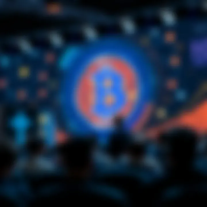 CZ speaking at a conference highlighting Bitcoin's role as global money, with a graphic representation of Bitcoin and digital currencies in the background.