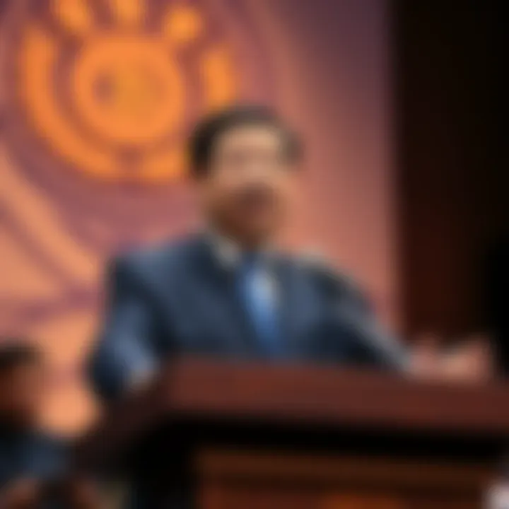 CZ speaking at a podium, addressing issues regarding centralized exchanges and terrorism accusations