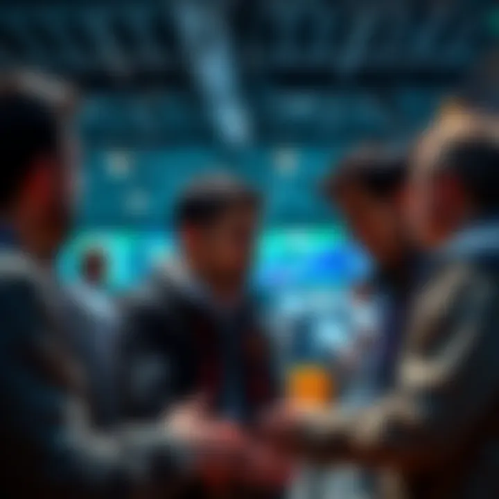 People engaging in a discussion about trading strategies and events