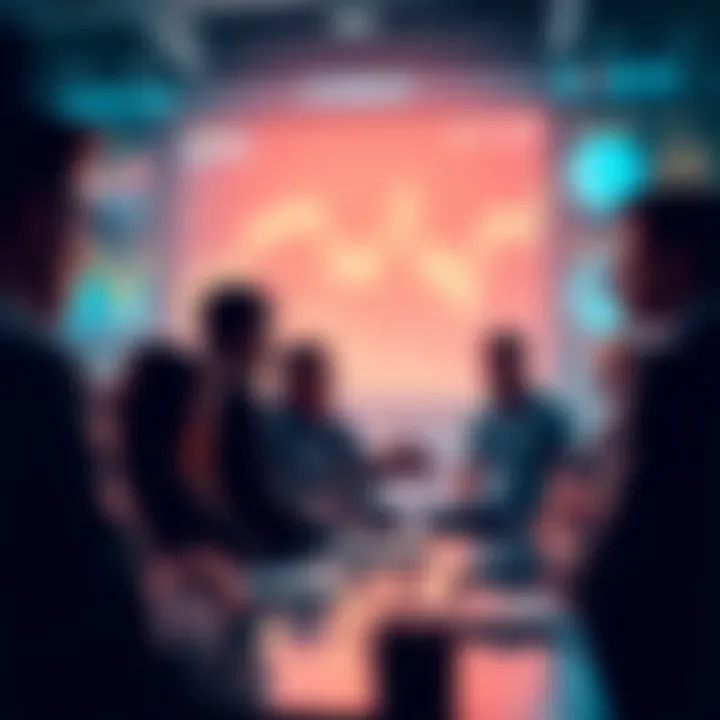 People engaging in a discussion about Ethereum with charts and news updates in the background
